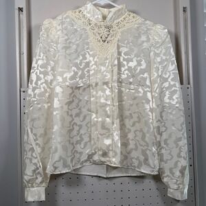 VTG Cristina Jacquard Blouse Women's Ivory Floral Crochet Long Sleeve - Small